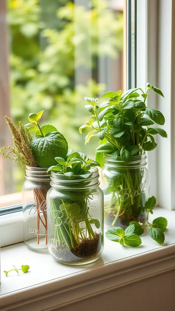 Mason jars with fresh herbs on a windowsill