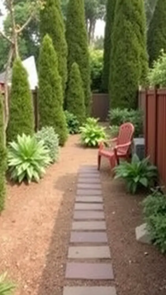 A sloped backyard pathway lined with tall trees and plants, featuring a red chair.