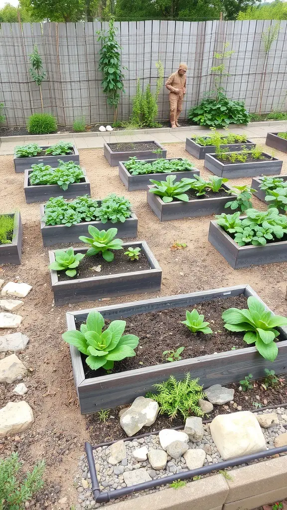 A small garden with multiple raised beds filled with various plants, showcasing organized gardening space.