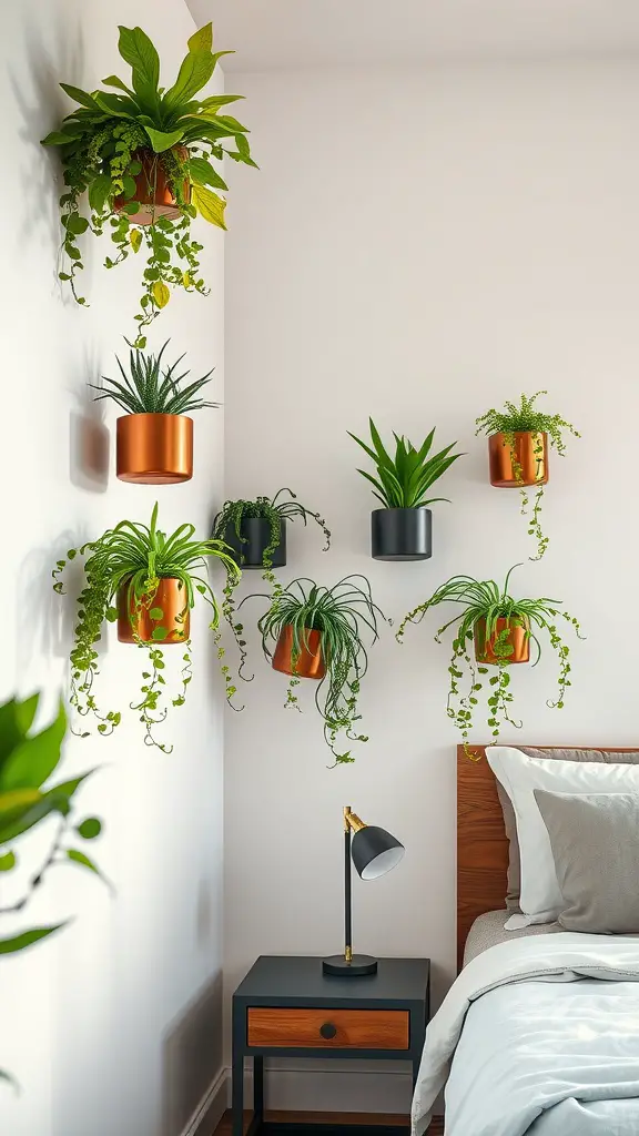 A bedroom with wall-mounted planters featuring various plants.