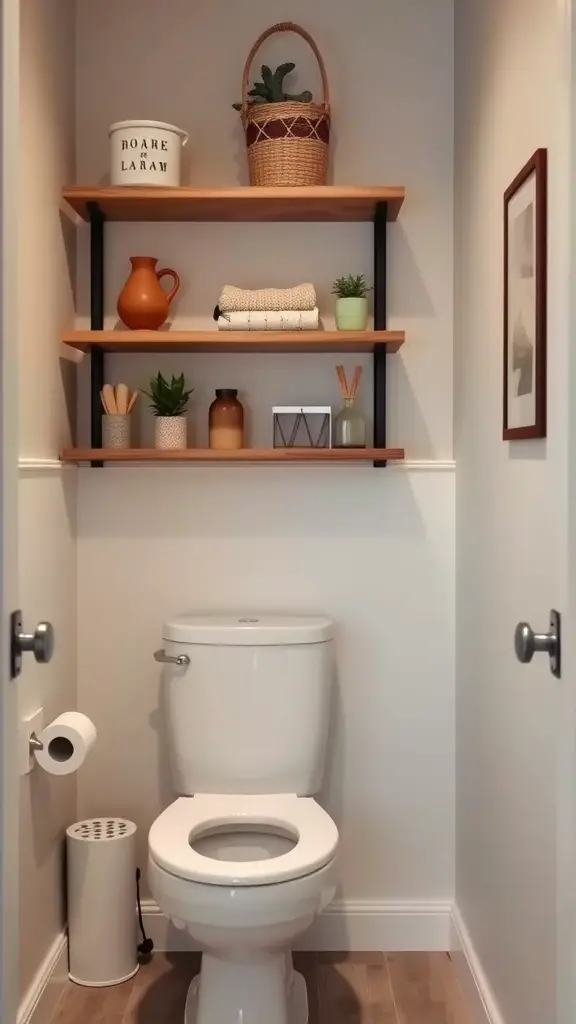 Small toilet room with wooden shelves above the toilet, featuring plants, towels, and decorative items.