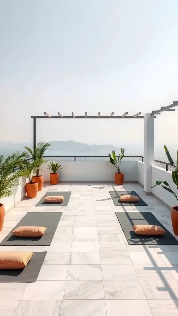 25 Stunning Outdoor Terrace Ideas to Transform Your Space 10 Outdoor terrace designed for meditation and yoga with yoga mats, cushions, and potted plants.