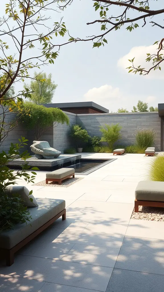 A serene meditation garden featuring soft seating, lush greenery, and a peaceful water feature.