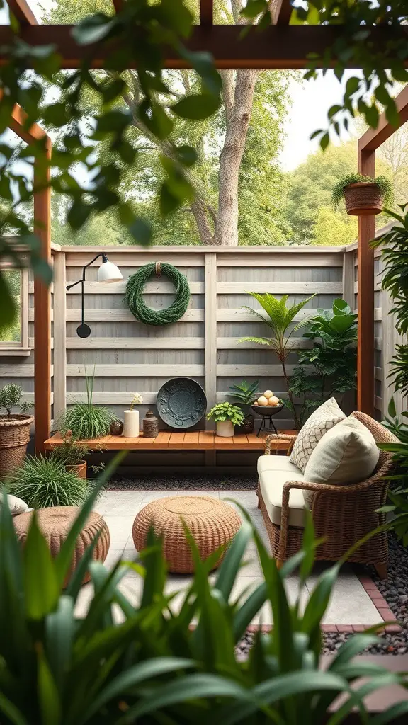 A tranquil meditation nook with cushions, plants, and wooden structures in a serene backyard.