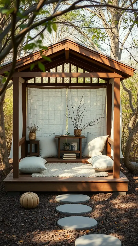 37 Creative Backyard Shed Ideas for Every Style 39 A serene meditation shed surrounded by trees, featuring cushions, a rug, and simple decor.