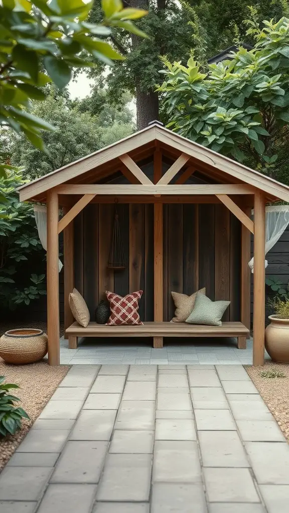25 Creative Garden Shed Ideas for Your Outdoor Space 22 A cozy meditation shed in a garden with cushions and a pathway