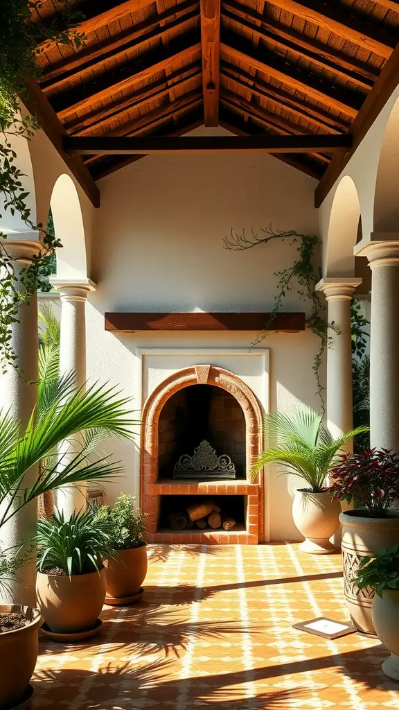 Mediterranean-style pavilion with a fireplace and potted plants, featuring columns and a tiled floor