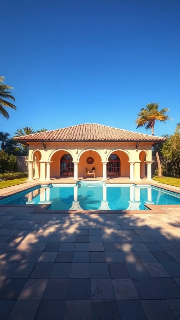 Mediterranean style pavilion with arched doors near a serene pool