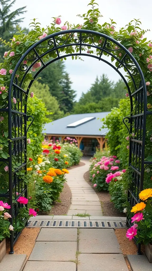 27 Creative DIY Garden Trellis Ideas for Your Outdoor Space 2 A metal archway trellis adorned with flowers, leading into a colorful garden pathway.