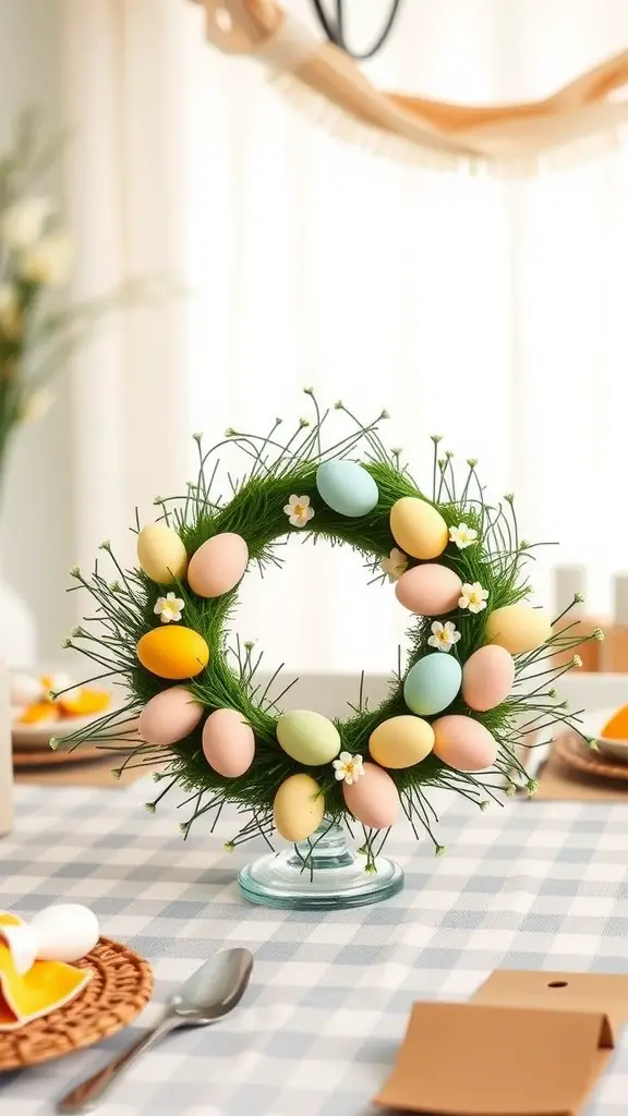 A mini egg wreath made with pastel-colored eggs and faux flowers, designed as a table centerpiece for Easter.