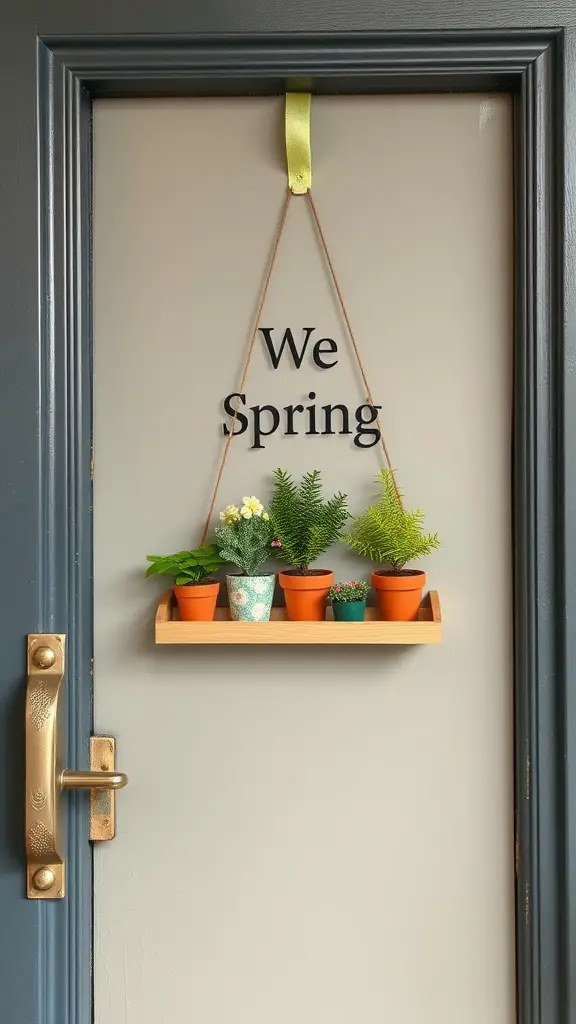 A door hanger with mini potted plants and the words 'We Spring'