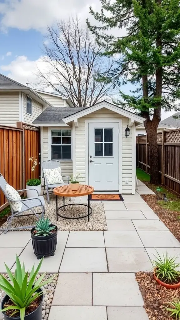 25 Creative Small Patio Ideas for Your Outdoor Space 18 A cozy mini garden shed surrounded by a small seating area and potted plants.