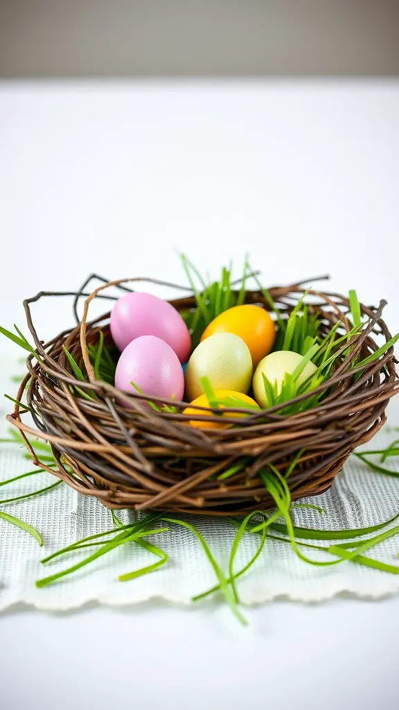 A mini nest centerpiece with colorful eggs in a wicker nest surrounded by faux grass