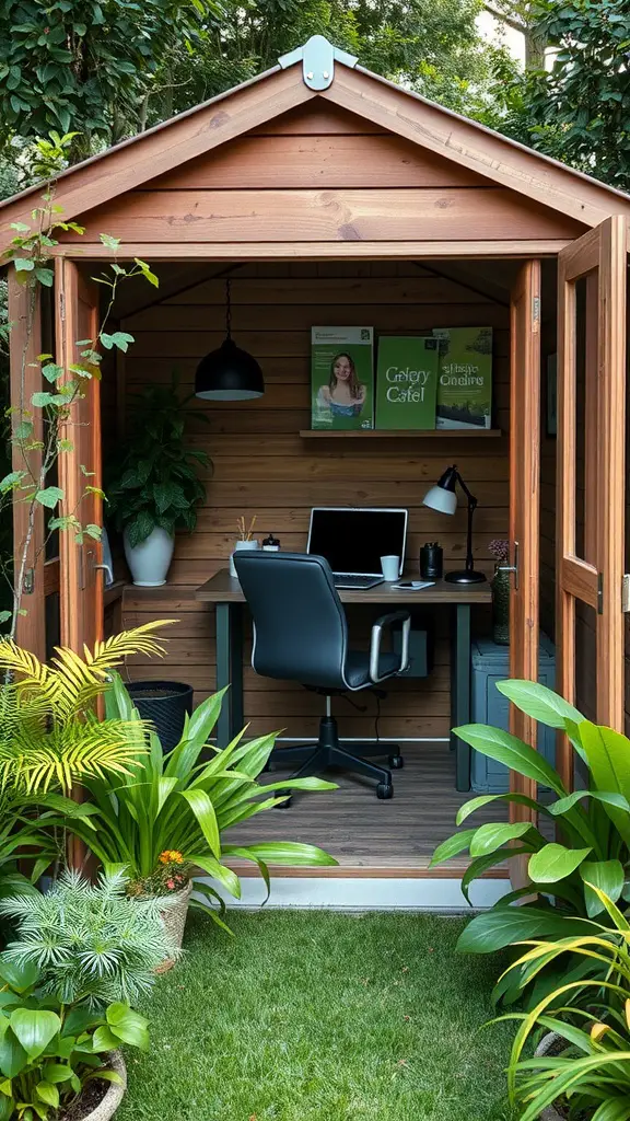 27 Stunning Garden Shed Interiors to Inspire Your Outdoor Space 17 Mini office setup in a garden shed with a wooden interior, desk, chair, and plants