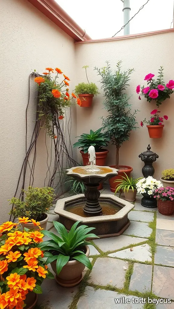 25 Creative Small Patio Ideas for Your Outdoor Space 6 A small patio featuring a miniature fountain surrounded by colorful potted plants.