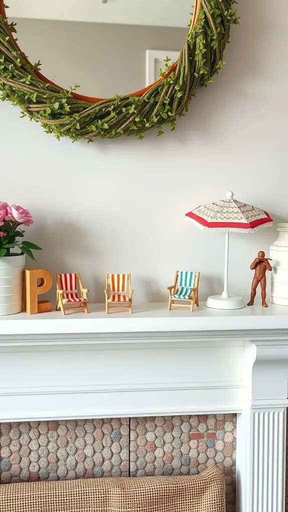 A summer-themed mantel decor featuring miniature beach chairs, a parasol, and a green wreath.