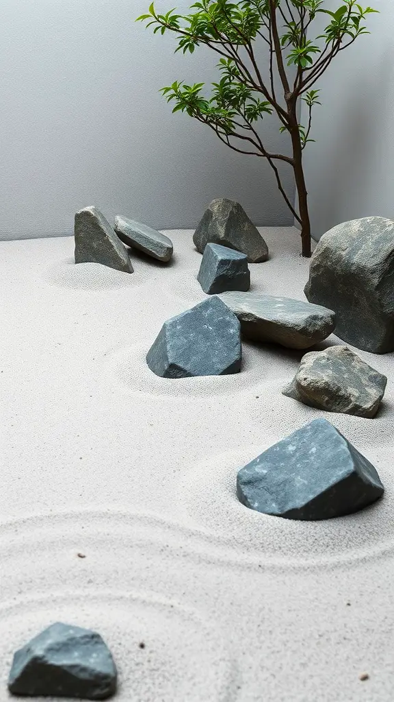 A minimalist Zen garden featuring white sand, various stones, and a small tree.