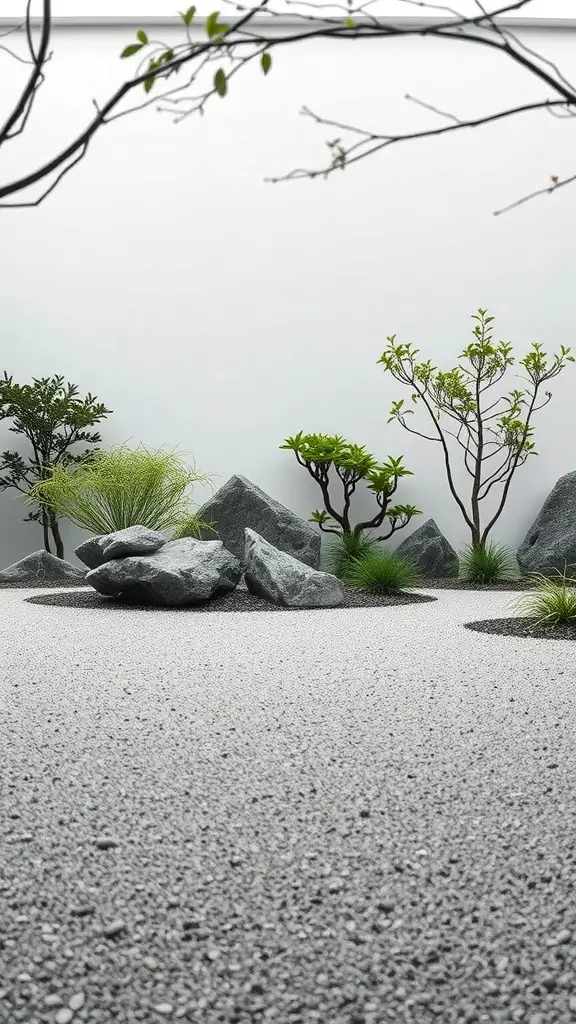 25 Stunning Front Yard Landscaping Ideas to Elevate Your Curb Appeal 18 A minimalist Zen garden featuring smooth stones, greenery, and raked gravel set against a light background.