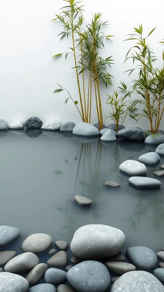 A tranquil minimalist Zen pond surrounded by smooth stones and bamboo.