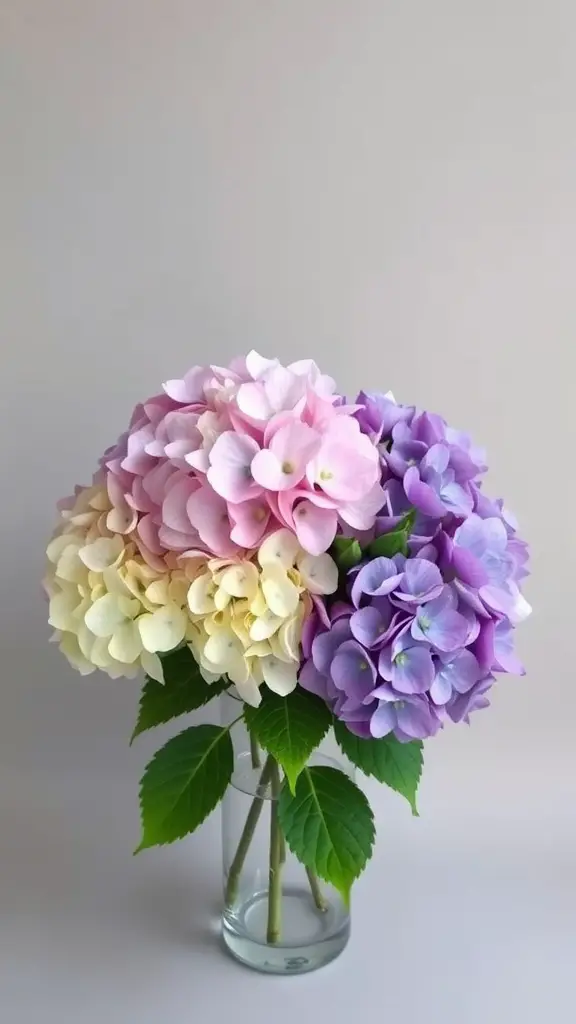 A vase with mixed hydrangea blooms in pink, white, and purple shades