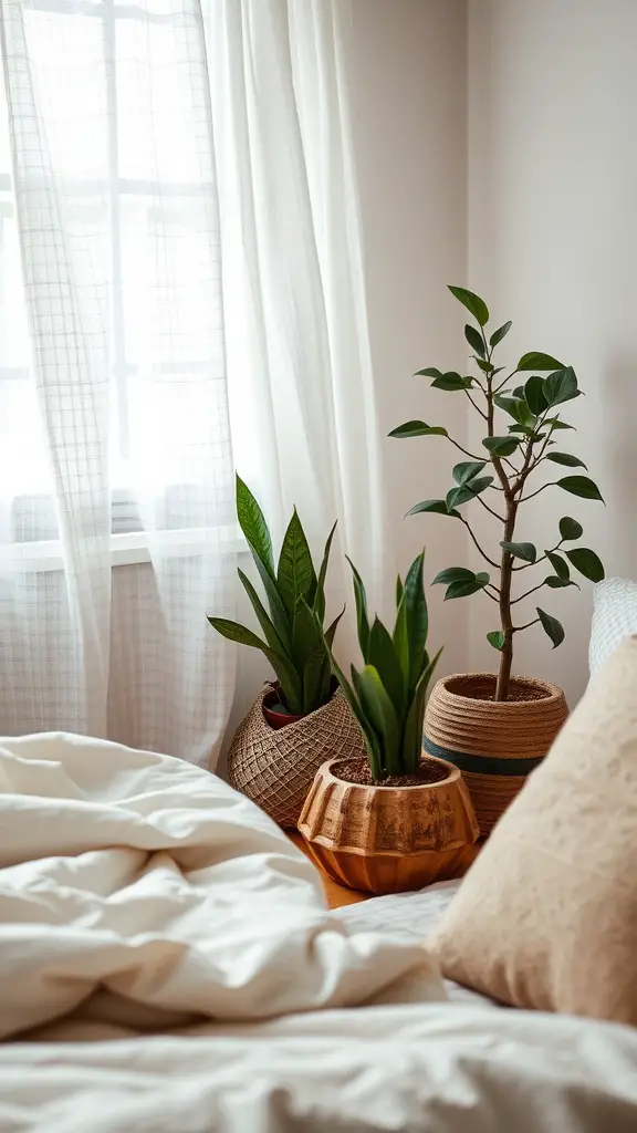 A cozy bedroom corner with various plants in textured pots, soft bedding, and sheer curtains.