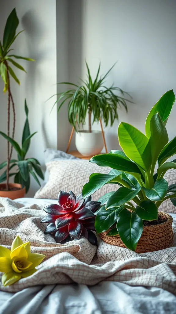 A cozy bedroom setup featuring a variety of plants on the bed, including a large green plant, a red bromeliad, and a yellow flower.