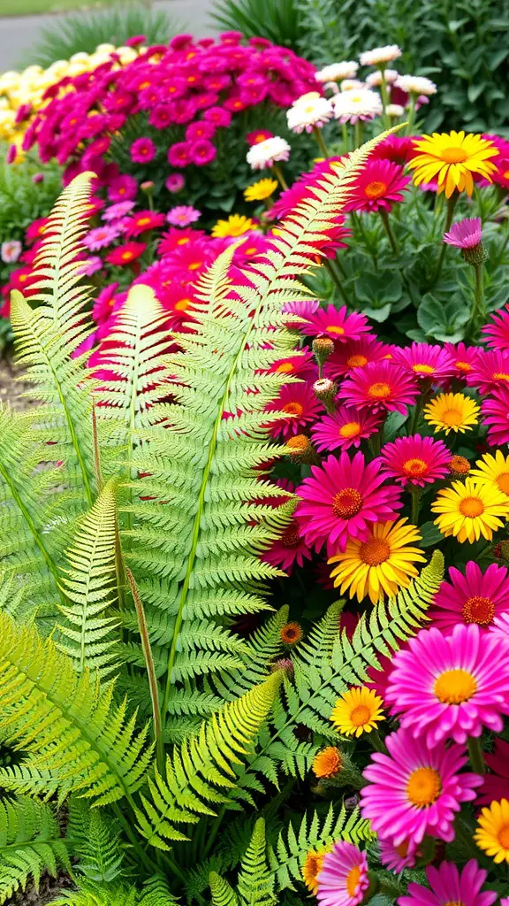 A garden featuring foxtail ferns mixed with colorful annual flowers like daisies and gerberas.