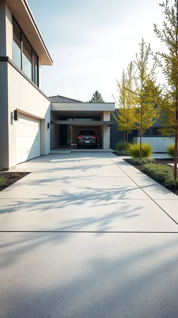 19 Creative Driveway Ideas to Enhance Your Curb Appeal 5 A modern concrete driveway leading to a contemporary home with landscaped trees.