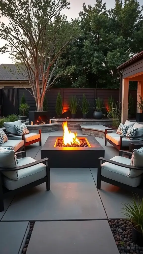 A modern fire pit garden with plush seating and greenery surrounding a fire pit.