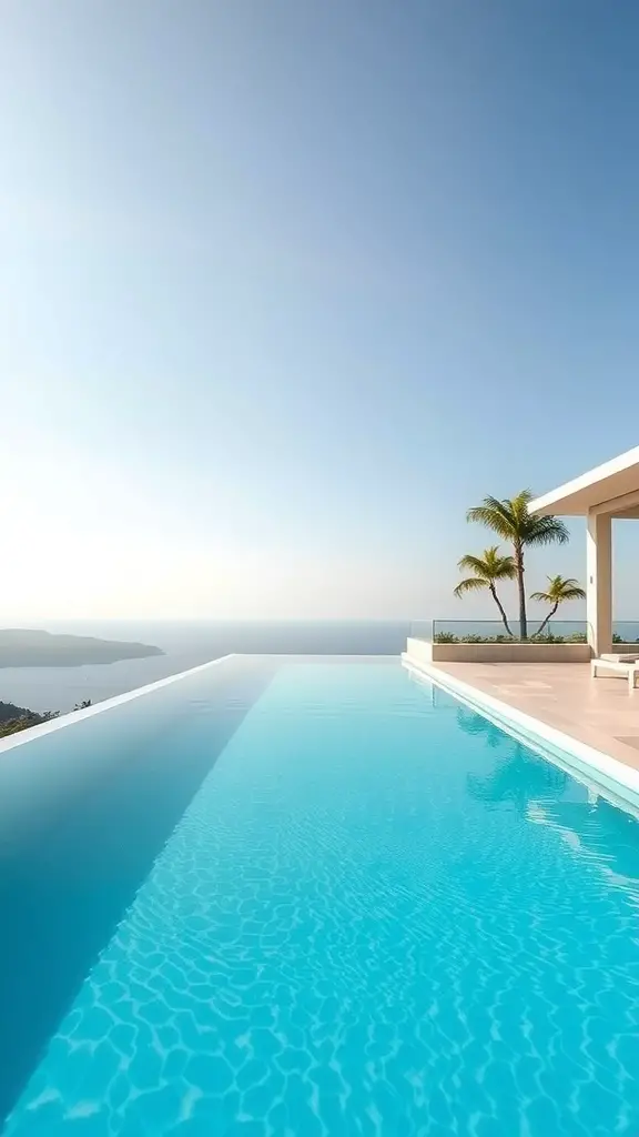 33 Creative Backyard Pool and Patio Ideas for Your Dream Outdoor Space 10 A modern infinity pool overlooking the ocean with clear blue water and a sunny sky
