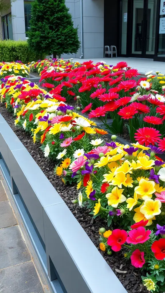 A flowerbed with vibrant flowers bordered by sleek metal edging.