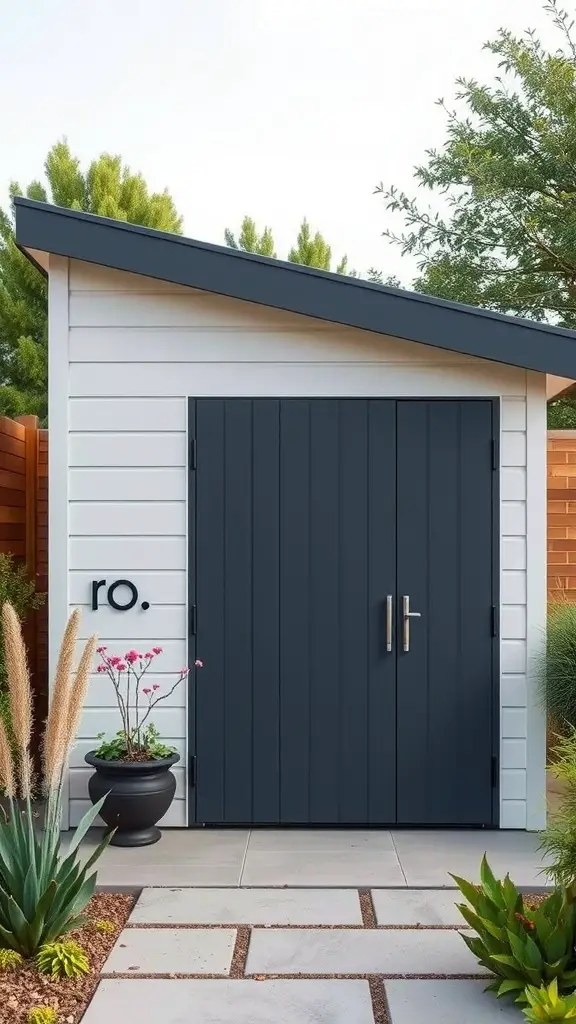 29 Creative Garden Shed Ideas for Every Backyard 8 Modern minimalist garden shed with a dark door and simple exterior, surrounded by plants and a stone pathway.