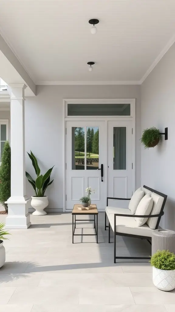 21 Creative Outdoor Front Porch Ideas for a Cozy Welcome 2 A modern minimalist front porch with a sleek sofa, wooden table, and potted plants.