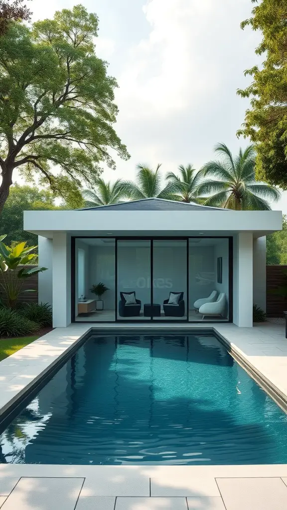 A modern minimalist pool pavilion with a clear blue pool, surrounded by trees and plants.