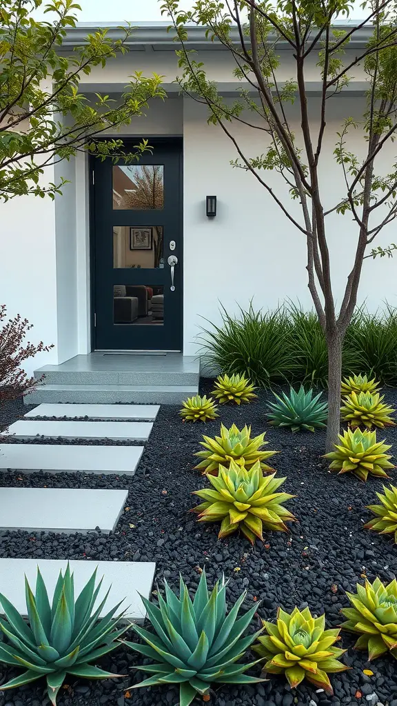 27 Stunning Front Garden Ideas to Transform Your Curb Appeal 10 A modern front garden featuring a sleek pathway, succulent plants, and a clean design.
