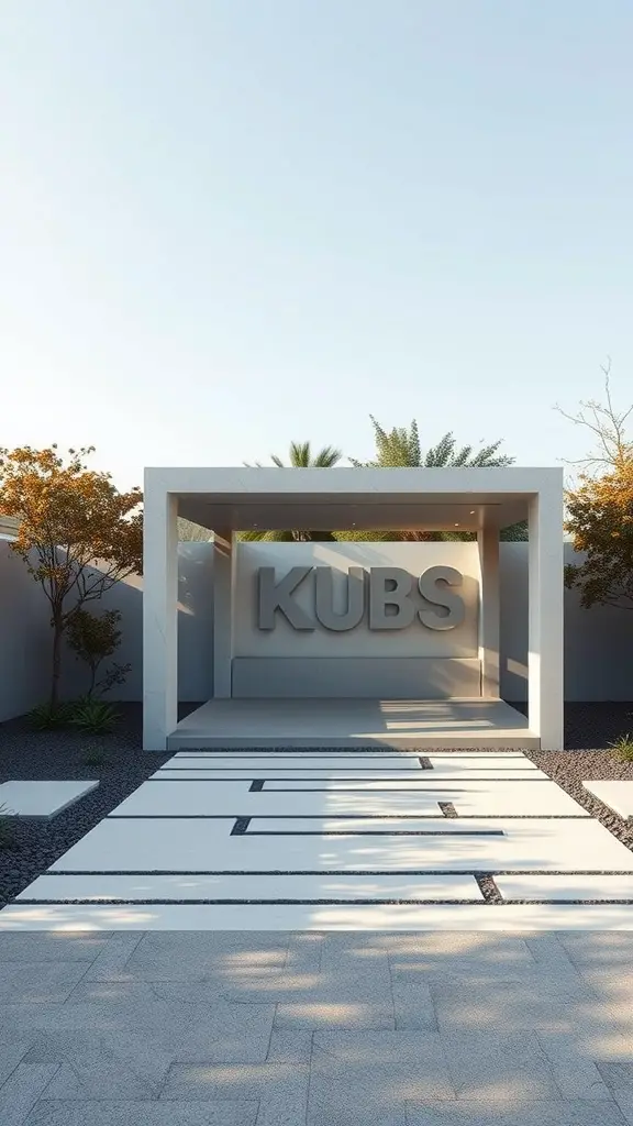 A modern minimalist pavilion with a smooth entrance and large lettering, surrounded by landscaping and stone pathways.