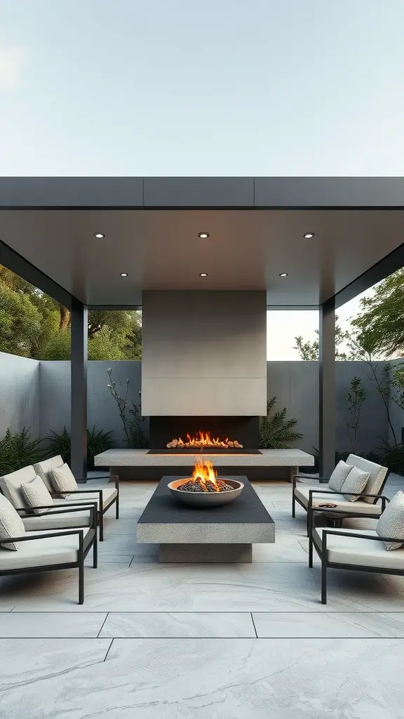 A modern minimalist pavilion featuring a fireplace, stylish seating, and a clean design.