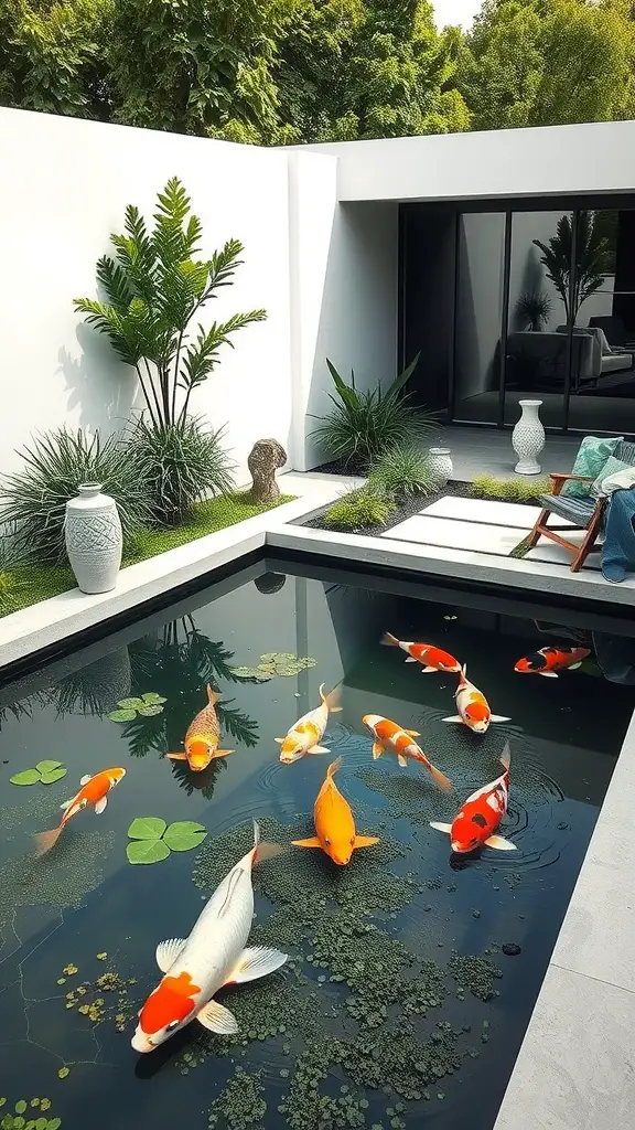 A modern minimalist koi pond with colorful koi fish, surrounded by greenery and sleek design elements.