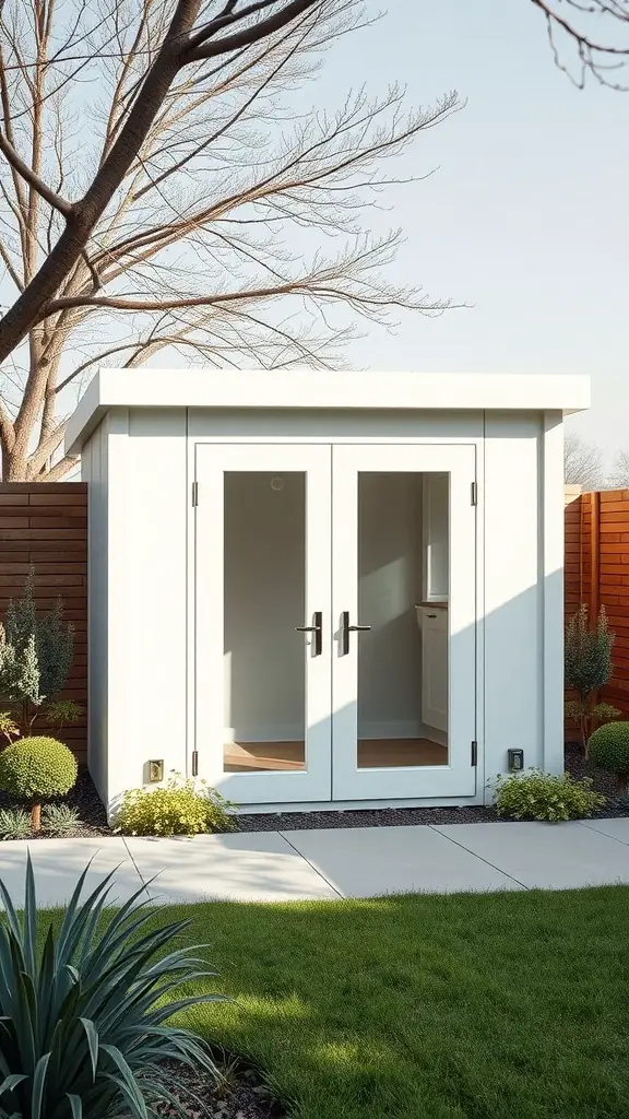 25 Creative Garden Shed Ideas for Your Outdoor Space 4 A modern minimalist garden shed with a white exterior and large glass doors, surrounded by green grass and shrubs.