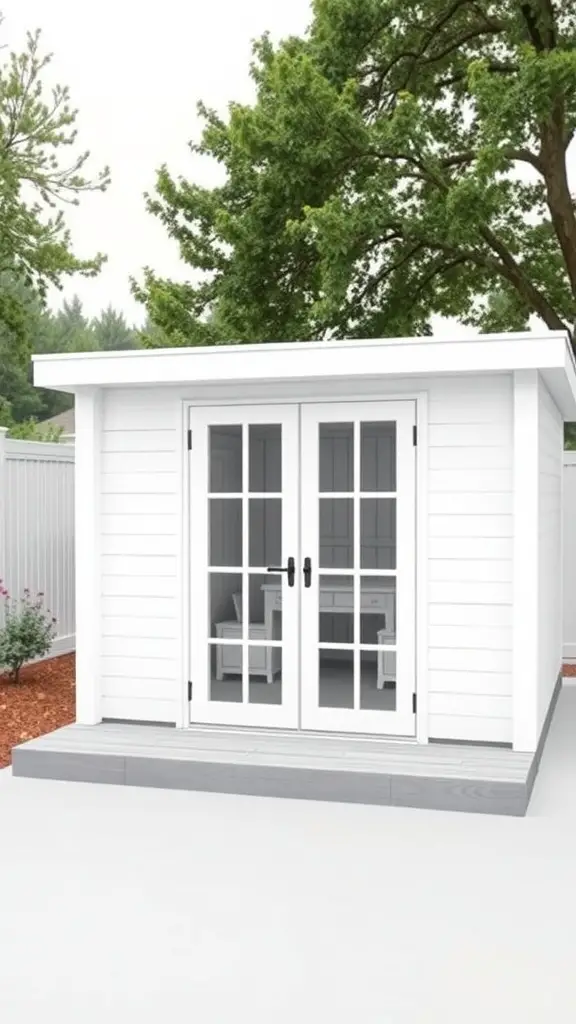 37 Creative Backyard Shed Ideas for Every Style 9 Modern minimalist shed with white exterior and double doors