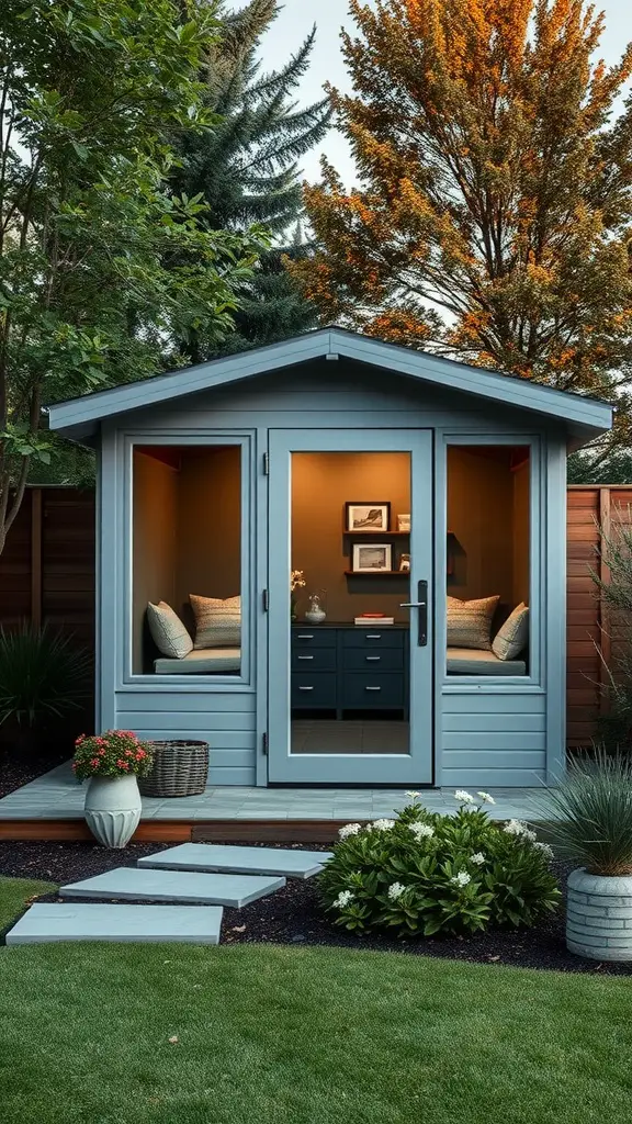 23 Stunning Garden Shed Exterior Ideas to Transform Your Backyard 6 A modern minimalist garden shed with large glass doors and a soft blue exterior, surrounded by greenery and stepping stones.
