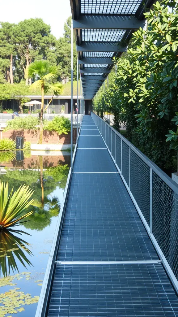 31 Creative Garden Walkway Ideas for Your Outdoor Space 20 A modern steel walkway above a pond surrounded by green plants and trees