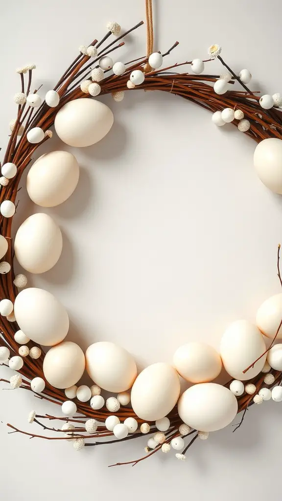 Monochrome egg wreath with white eggs and decorative flowers.