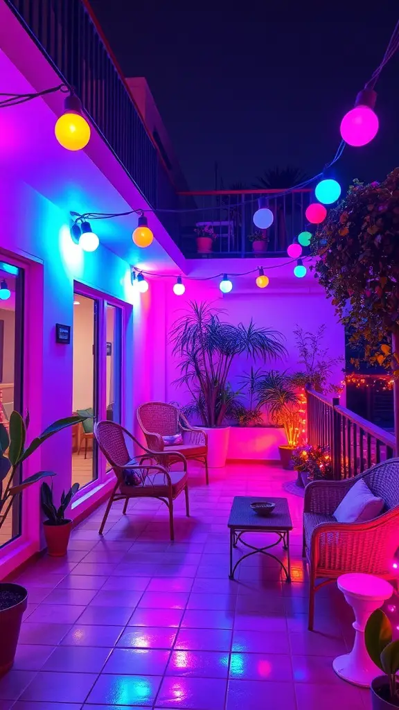 A brightly lit balcony featuring colorful, glowing bulbs, creating a vibrant and inviting atmosphere.