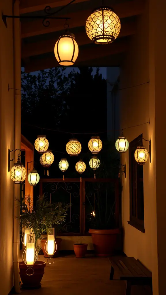 25 Creative Small Patio Ideas for Your Outdoor Space 15 A cozy patio illuminated with various hanging lanterns, creating a warm and inviting atmosphere in the evening.