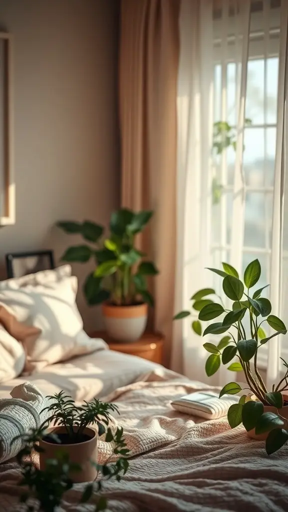 A cozy bedroom with plants and soft lighting, showcasing a serene atmosphere.