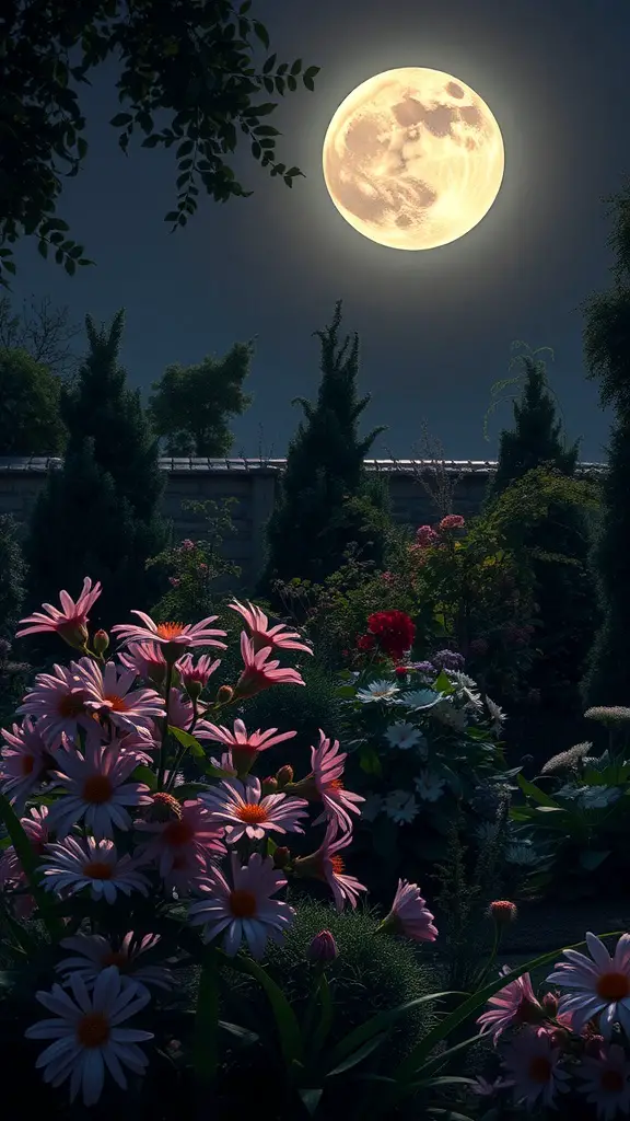 23 Stunning Perennial Garden Ideas to Transform Your Outdoor Space 22 A serene moonlit garden with vibrant night-blooming perennials and a full moon overhead.