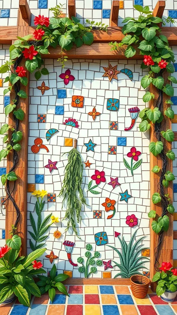 27 Creative DIY Garden Trellis Ideas for Your Outdoor Space 28 A colorful mosaic tile trellis with floral patterns and green vines