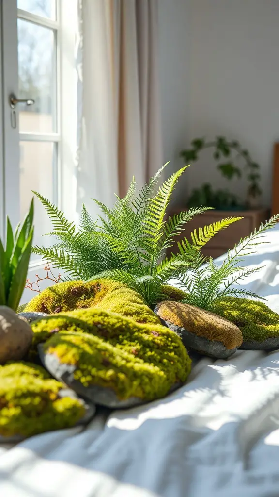 A cozy bedroom setup featuring moss and fern plants.