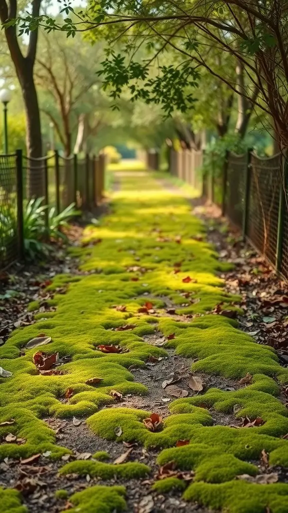 27 Absolutely Stunning Secret Garden Ideas to Inspire Your Space 2 A beautiful moss-covered garden pathway lined with trees and scattered leaves.